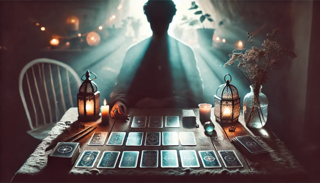 A-realistic-and-natural-toned-image-featuring-the-silhouette-of-a-person-sitting-at-a-table-with-tarot-cards-laid-out-in-front-of-them.-