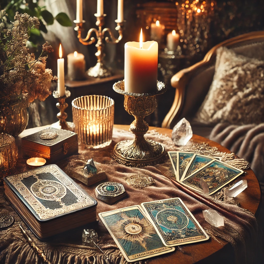 A-sophisticated-scene-featuring-a-luxurious-tarot-reading-setup_-a-vintage-wooden-table-adorned-with-an-intricate-tarot-deck-a-glowing-candle