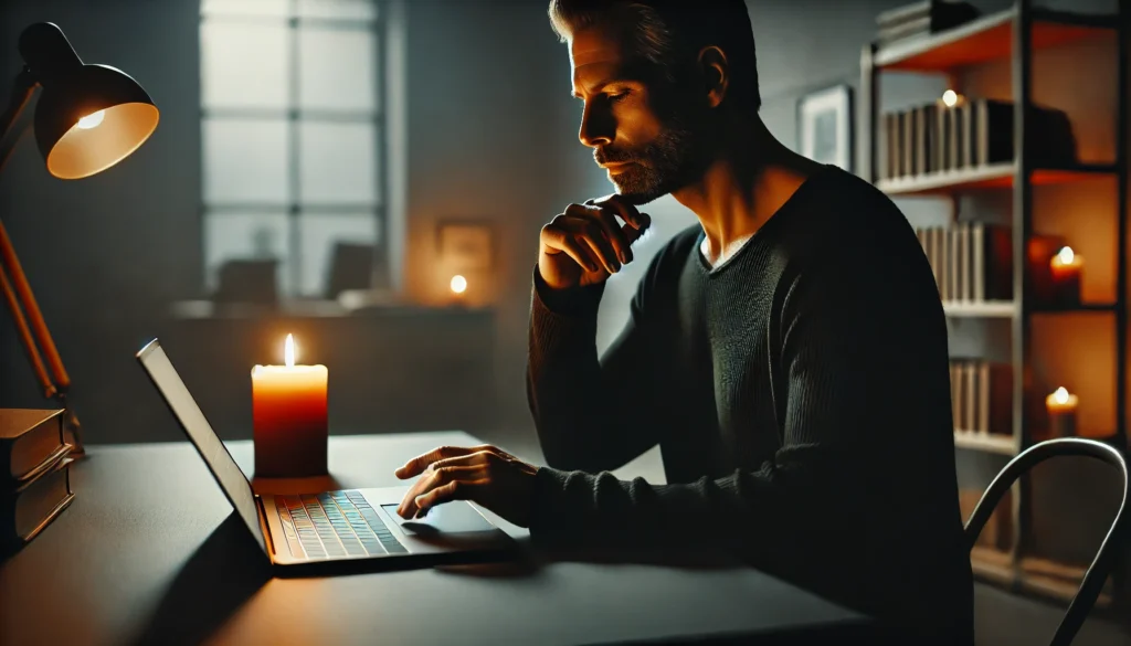 A-40-year-old-male-figure-wearing-black-clothes-sitting-at-a-desk-and-writing-on-a-laptop.-The-scene-is-softly-illuminated-by-a-candle-placed-next-to him. Psychic synchronicity while writing