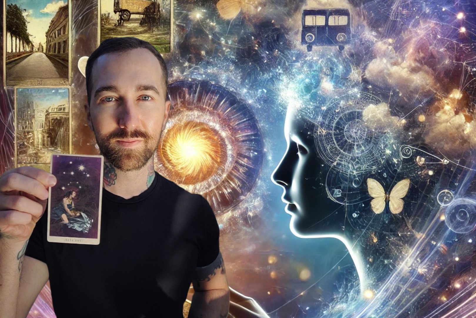 Internationally-Acclaimed-Tarot-Reader-Chris-Bennett-Holding-The-Star-tarot-card-from-Terra-Volatile-surrounded-by-clairvoyant-images-in-a-psychic-reading