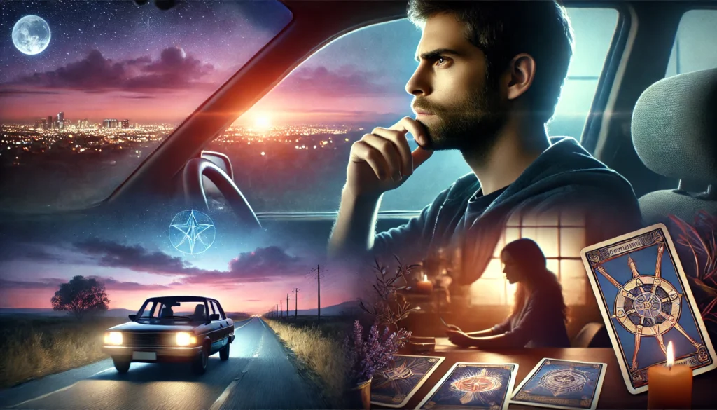 a-man-driving-thoughtfully-on-a-highway-at-dusk-with-a-contemplative-expression-as-city-lights-begin-to-glow-in-the-distance. Contemplating a tarot reading for career change