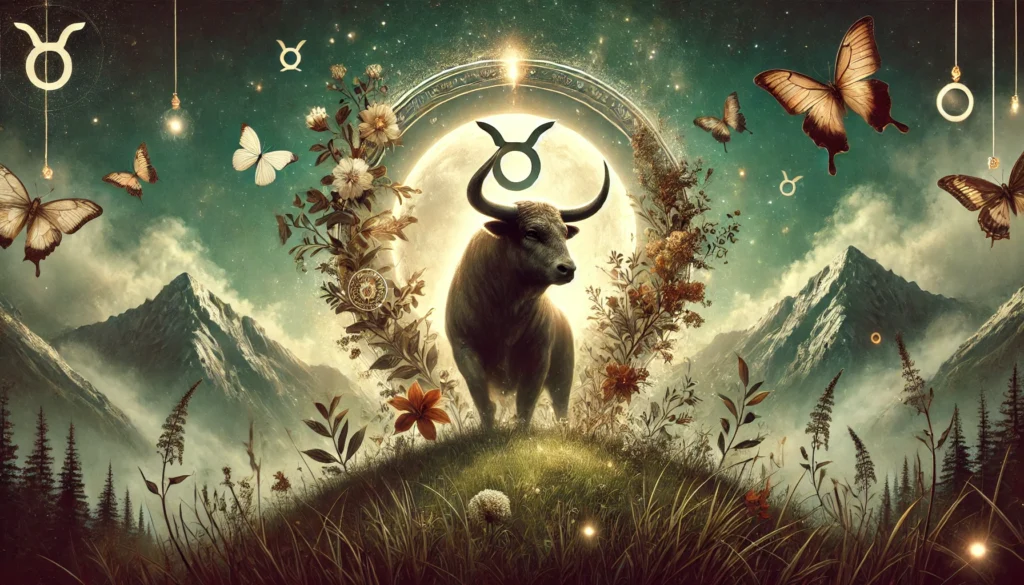 the-zodiac-sign-of-Taurus-symbolized-by-a-bull-amidst-a-theme-of-personal-transformation.-The-setting-is-mystical